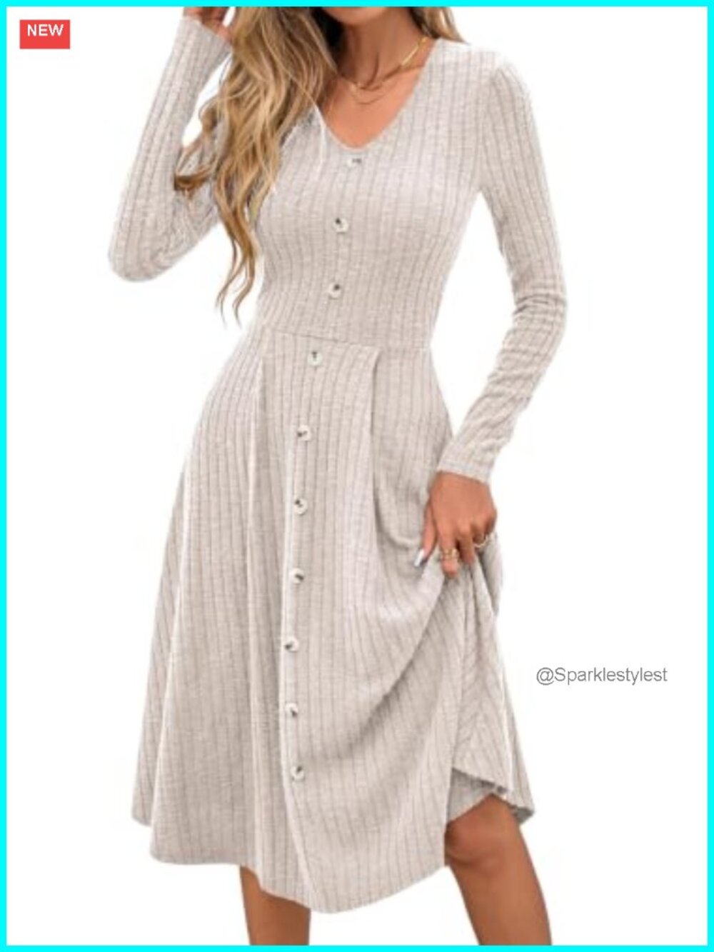 Long Sleeve A-Line Swing Sweater Dress V-Neck Button Down Casual Knit Midi